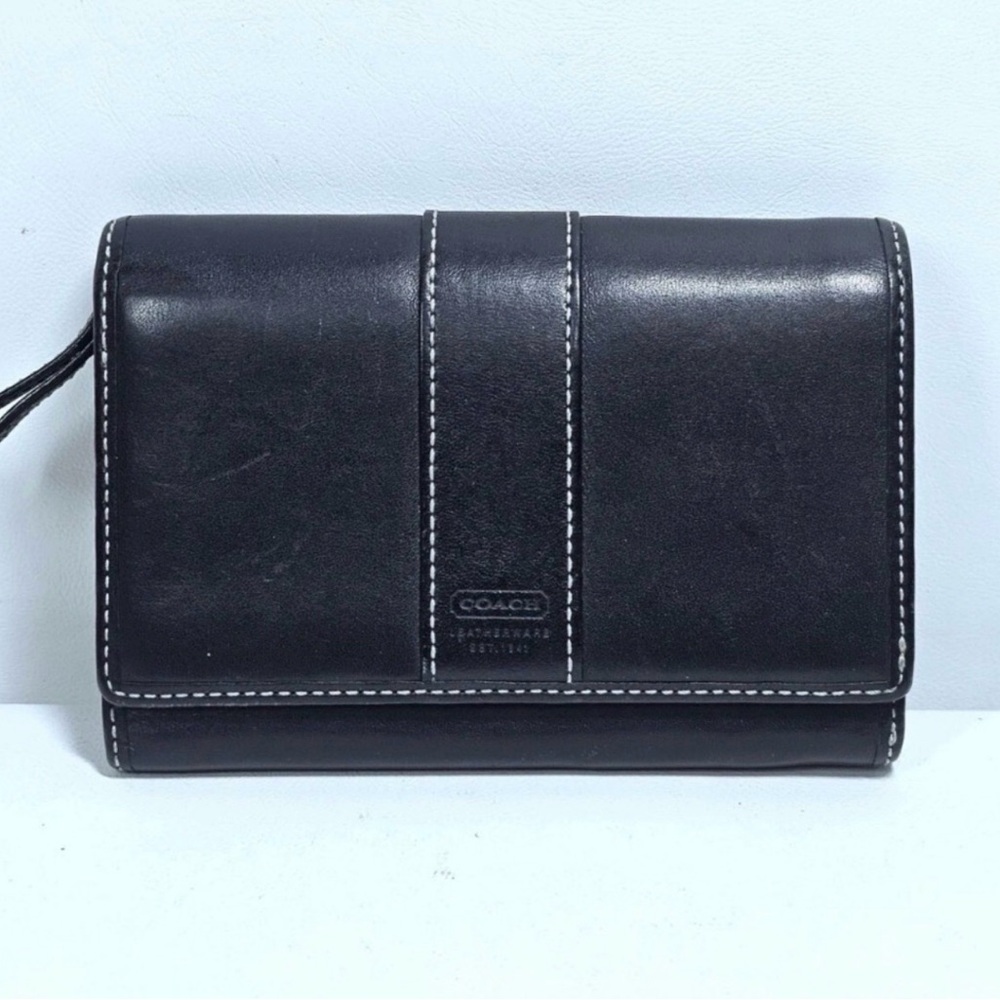 Coach Black Leather Wristlet with White Contrast Stitching